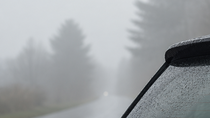 Vidrio trasero con líneas antiempañantes en auto oscuro bajo lluvia y niebla. Desempañador trasero en funcionamiento.
