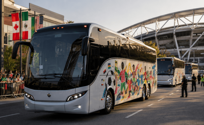Autobuses oficiales con arte colorido llegan a un estadio del Mundial 2026, escoltados y con aficionados al fondo.