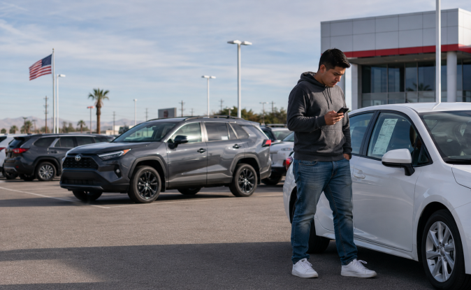 Comprador revisa precios de autos nuevos en concesionario de Estados Unidos.