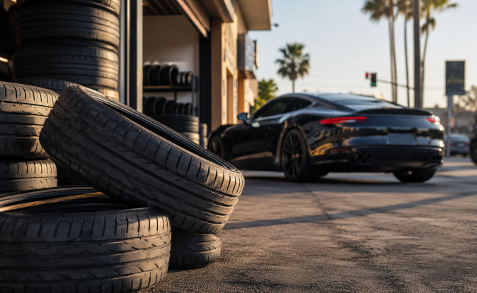 Llantas deportivas en primer plano con mecánico cambiando neumáticos en un Porsche en taller automotriz de California.