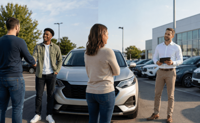 Vendedor de concesionario con tableta asesora a grupo de clientes para comprar auto nuevo en lote