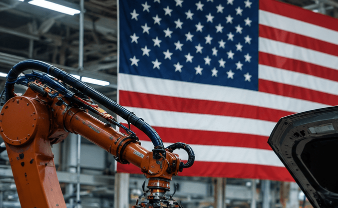 Línea de ensamblaje automotriz con vehículo Hyundai, bandera de Estados Unidos y banderas de México y Canadá bajo acuerdo T-MEC.