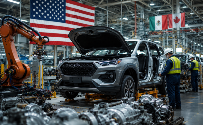 Línea de ensamblaje automotriz con vehículo Hyundai, bandera de Estados Unidos y banderas de México y Canadá bajo acuerdo T-MEC.