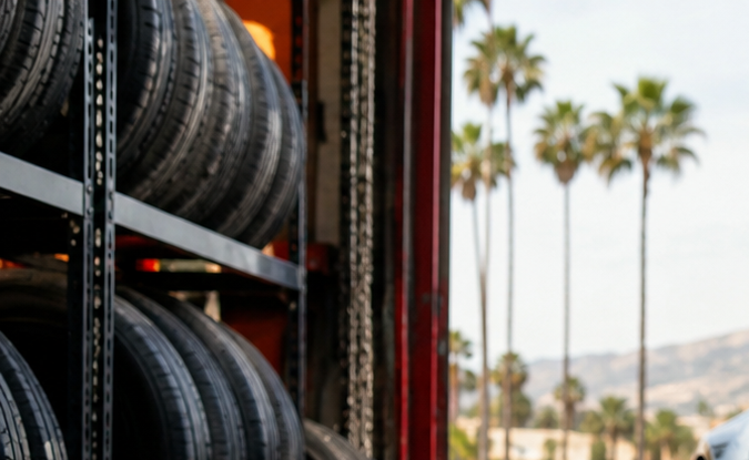 Rueda trasera de deportivo negro con llantas nuevas en taller de California. Neumáticos premium y palm trees al fondo.