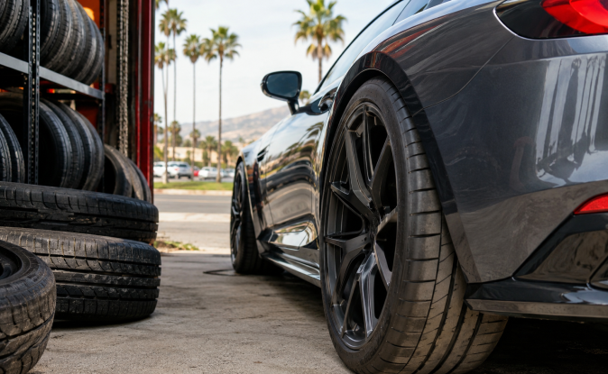 Rueda trasera de deportivo negro con llantas nuevas en taller de California. Neumáticos premium y palm trees al fondo.