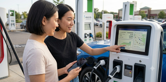 Dos mujeres usando estación de carga Electrify America y Tesla. Revisando pantalla de cargador de vehículo eléctrico.