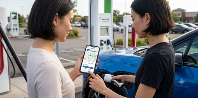 Mujeres consultando la app Energy Pass en su móvil mientras cargan un coche eléctrico azul en estación de carga.