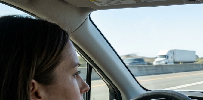 Conductora usando asistentes de manejo en carretera de Estados Unidos.