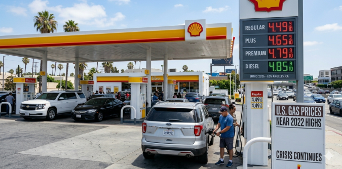 Estación Shell en Estados Unidos muestra letrero con precios récord de gasolina en 2026