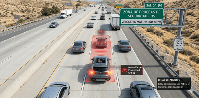 Una toma aérea de una autopista desértica con tráfico moderado. Un coche gris plateado en el carril central tiene superposiciones de gráficos de seguridad rojos. Un cuadro rojo encierra al coche y un haz de detección rojo proyecta hacia adelante hasta un coche rojo.