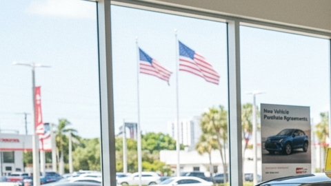 Mujer latina firma papeles para comprar un auto nuevo en un concesionario de Estados Unidos.