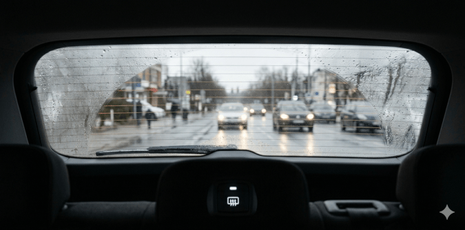 Líneas desempañadoras del vidrio trasero encendidas en coche. Vista de tráfico urbano con sistema antiempañante funcionando