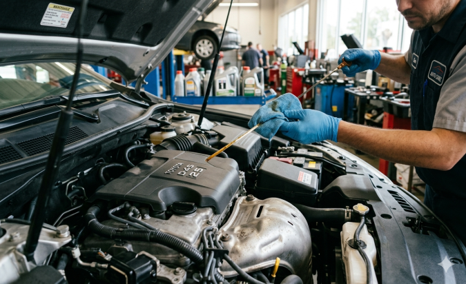 Mecánico profesional revisando motor Toyota en taller, midiendo aceite y realizando mantenimiento para mejorar rendimiento y alargar la vida del vehículo.