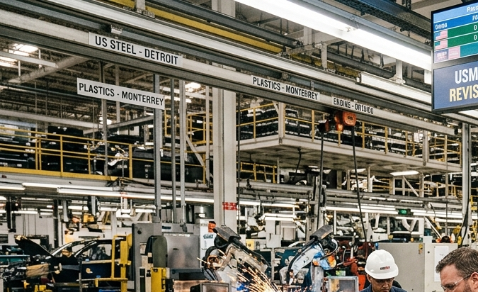Trabajadores México, EE.UU. y Canadá ensamblando motor en planta automotriz bajo reglas T-MEC USMCA en línea de producción.