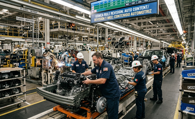 Trabajadores México, EE.UU. y Canadá ensamblando motor en planta automotriz bajo reglas T-MEC USMCA en línea de producción.
