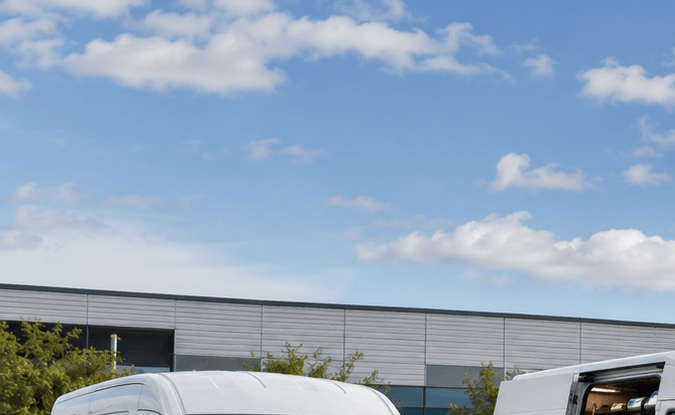 Fila de furgonetas comerciales 2026: Ford Transit, Ram ProMaster y Mercedes Sprinter estacionadas en patio industrial