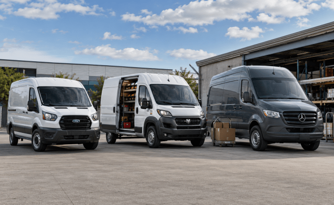 Fila de furgonetas comerciales 2026: Ford Transit, Ram ProMaster y Mercedes Sprinter estacionadas en patio industrial