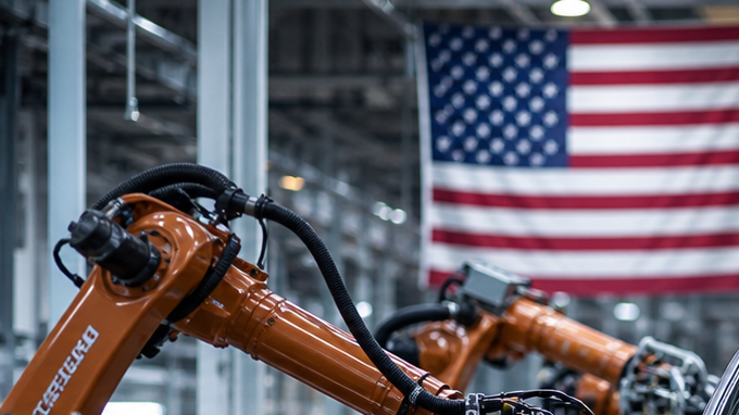 Robots industriales ensamblando chasis de auto en moderna planta automotriz integrada de Norteamérica con banderas T-MEC USMCA.