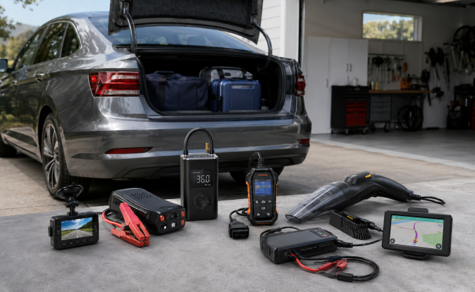 Mejores accesorios para auto: dashcam, inflador portátil, escáner OBD, cargador y aspiradora en garaje junto a SUV