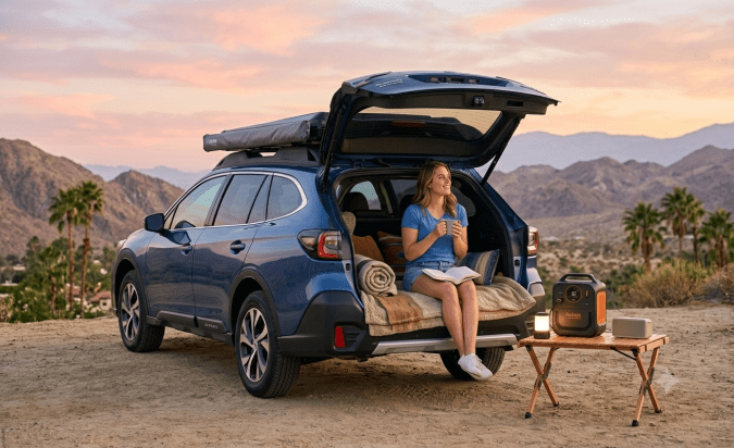Mujer disfrutando viaje en auto con Subaru Outback equipado para acampar al atardecer en montañas. Accesorios para road trip