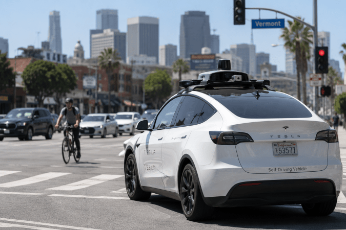 Tesla Model Y autónomo con tecnología Full Self-Driving circulando en ciudad. Vehículo eléctrico de conducción autónoma en tráfico urbano.