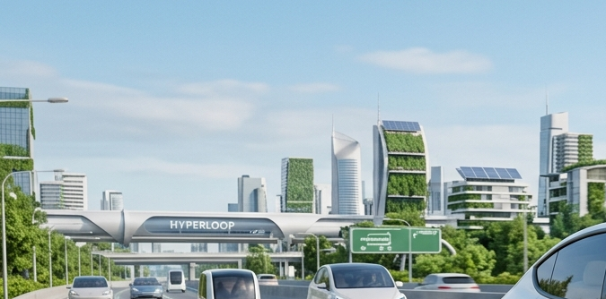 Tesla autónomo blanco en autopista inteligente del futuro 2050 con pareja a bordo y ciudad ecológica con Hyperloop.
