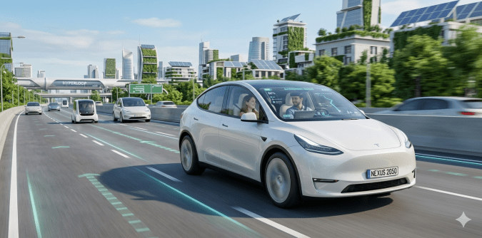 Tesla autónomo blanco en autopista inteligente del futuro 2050 con pareja a bordo y ciudad ecológica con Hyperloop.