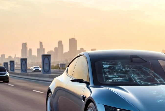 Vehículo Tesla futurista azul conduciendo a gran velocidad en autopista al atardecer con HUD holográfico