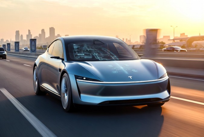 Vehículo Tesla futurista azul conduciendo a gran velocidad en autopista al atardecer con HUD holográfico