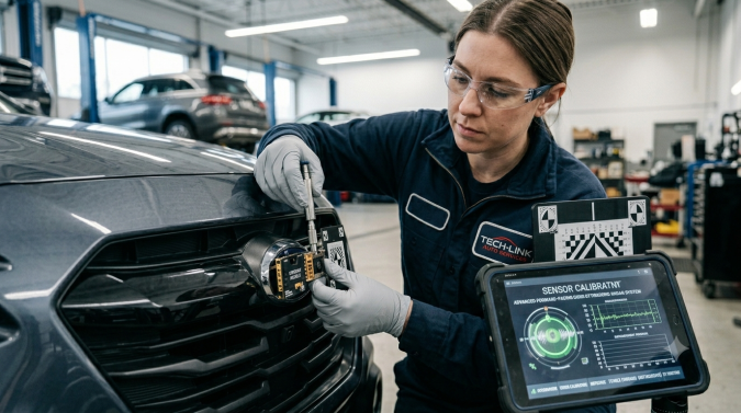 Técnica calibra sensor frontal de auto inteligente con tablet de diagnóstico ADAS en taller mecánico moderno especializado en vehículos conectados y asistencias de conducción avanzadas