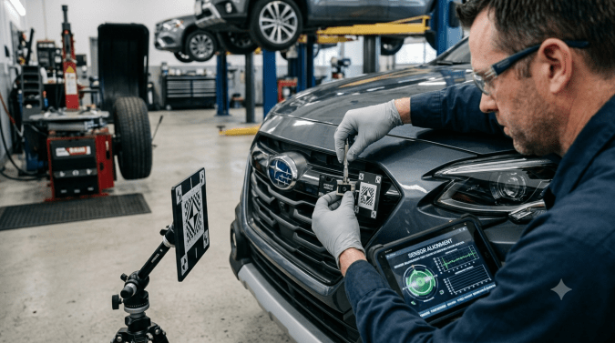 Mecánico ajusta sensor de auto inteligente con tablet mostrando calibración de radares y sistemas ADAS en taller especializado en mantenimiento de vehículos conectados y autónomos