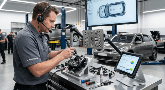 Ingeniero automotriz trabaja con módulo electrónico y pantallas de diagnóstico en taller de autos inteligentes, analizando datos de sensores y sistemas avanzados de asistencia al conductor