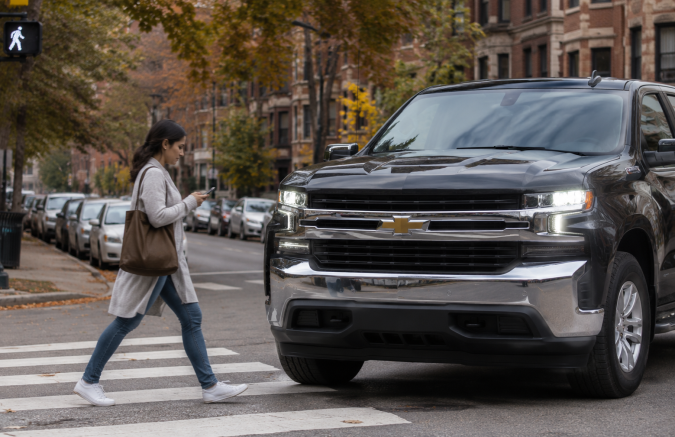 Camioneta Chevrolet negra con capo elevado y faros LED, mujer cruzando paso de peatones en ciudad.