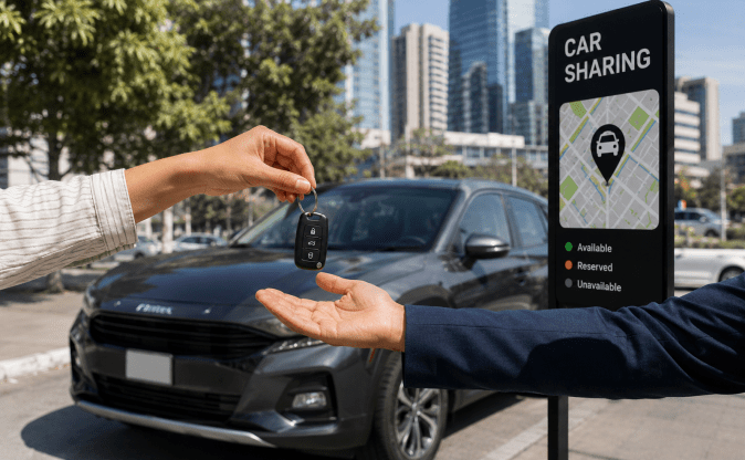 Mano entregando llaves de auto en punto de car sharing con señal y vehículo eléctrico en ciudad. Servicio de movilidad flexible