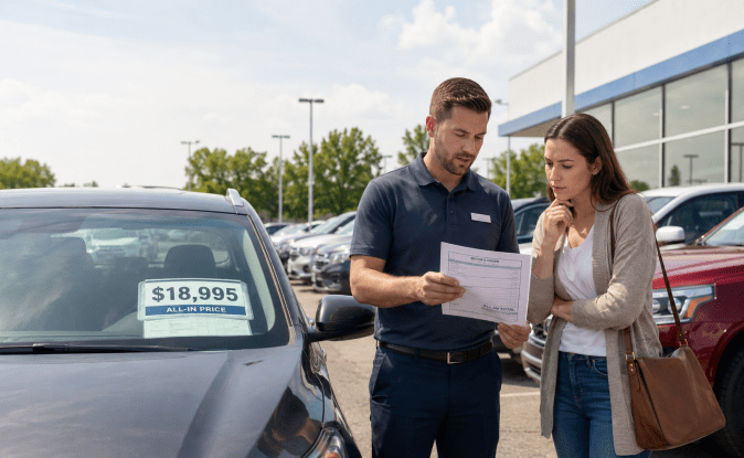 Vendedor explica a compradora el precio total sin cargos ocultos de un auto usado en concesionario