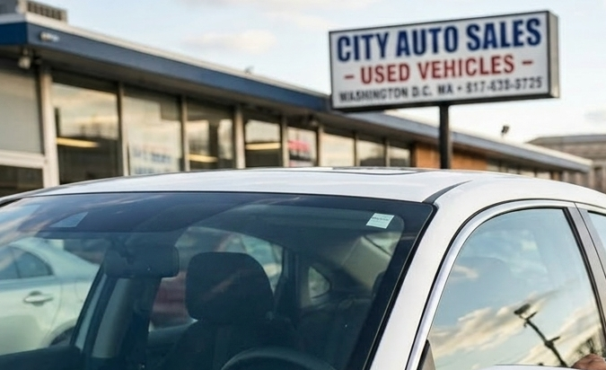 Comprador inspecciona cuidadosamente auto usado en lote de concesionario City Auto Sales