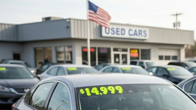 Lote de autos usados muestra aviso de la FTC que prohíbe precios ocultos en concesionarios
