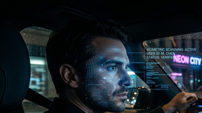 Conductor en auto conectado con escaneo biométrico facial, datos de usuario y tablero digital, seguridad y privacidad en vehículos inteligentes.