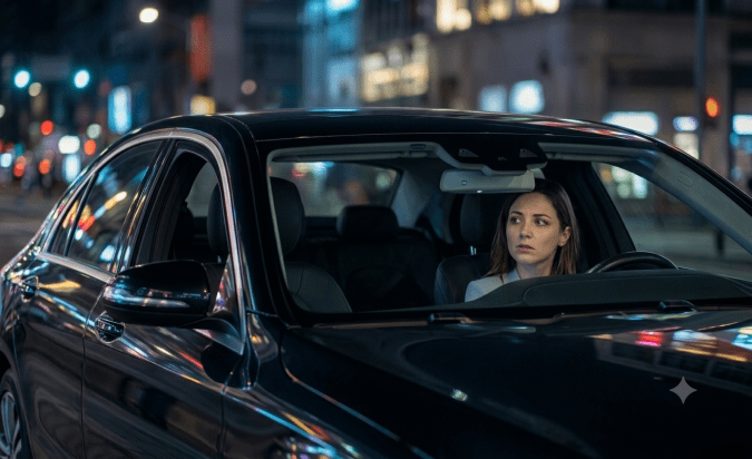 Mujer dentro de auto moderno en ciudad nocturna, preocupada por vigilancia, privacidad y cámaras en vehículos conectados.