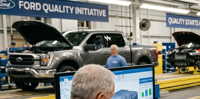 Ingenieros Ford revisando planos y datos 3D de camioneta en mesa de trabajo en planta.