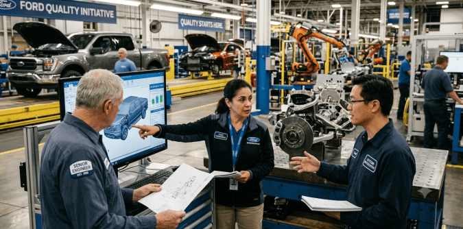 Ingenieros Ford revisando planos y datos 3D de camioneta en mesa de trabajo en planta.