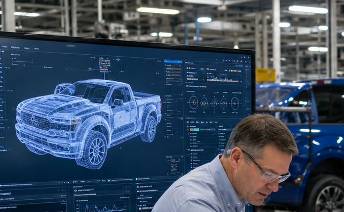 Equipo de ingeniería Ford discutiendo diagramas de chasis F-150 con tablet y planos en oficina