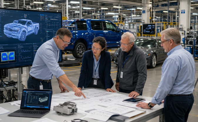 Equipo de ingeniería Ford discutiendo diagramas de chasis F-150 con tablet y planos en oficina