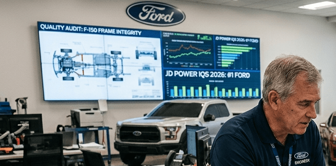 Equipo de ingenieros Ford analizando diseño de pickup en fábrica con monitor y planos. Calidad Ford.