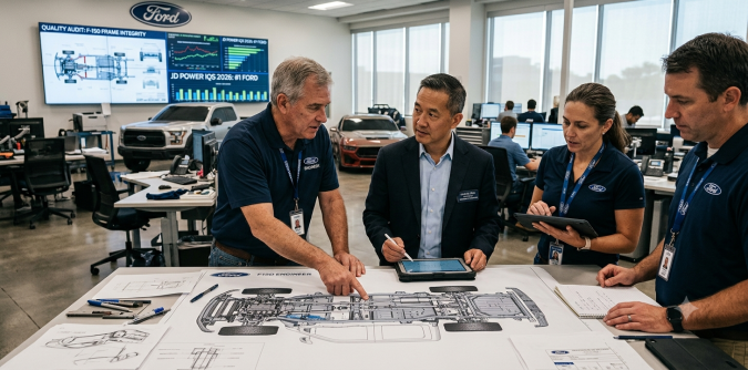 Equipo de ingenieros Ford analizando diseño de pickup en fábrica con monitor y planos. Calidad Ford.