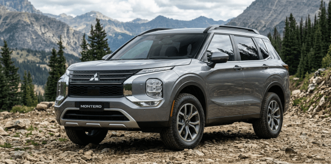 Nuevo Mitsubishi Montero 2026 gris plata en posición frontal sobre roca, con faros LED y montañas nevadas de fondo.