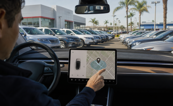 Conductor usando sistema de rastreo GPS en pantalla de auto Tesla en concesionario California, localización vehicular en tiempo real.