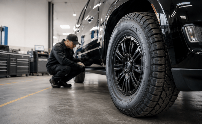 Mecánico instalando neumático antibalas PAX en taller, detalle de llanta reforzada en SUV negro.