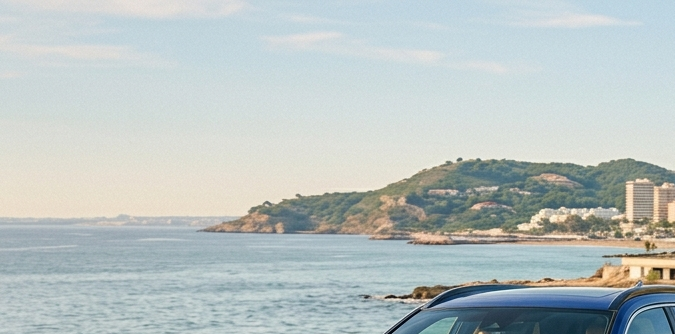 Toyota Corolla Cross híbrido azul conduciendo en carretera costera con vista al mar. Mejores SUVs híbridos 2026.