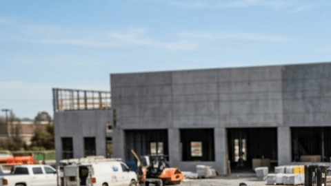 Trabajadores cargando furgonetas en obra de construcción: Ford Transit, Ram ProMaster y Mercedes Sprinter con puertas abiertas.